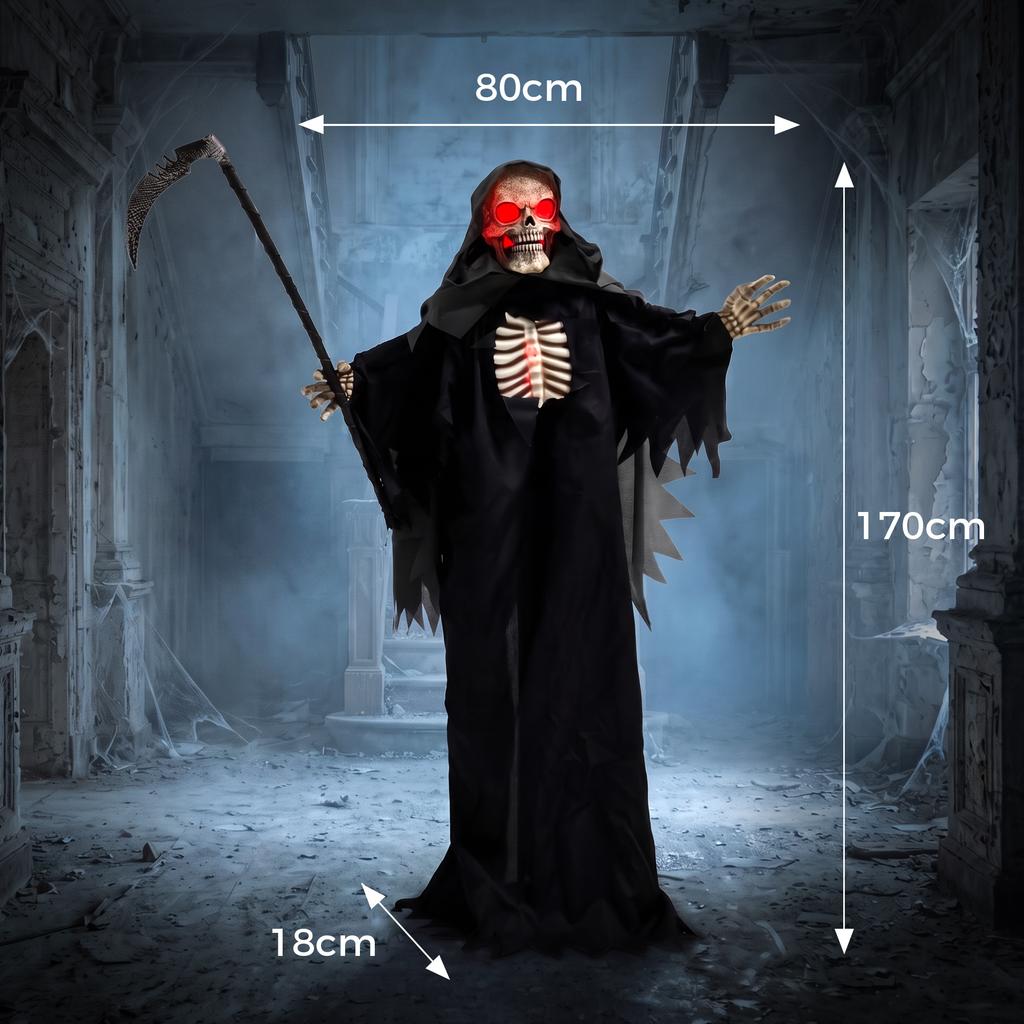170 cm Halloween Animierte Sensenmann-Dekoration mit Ton- und Berührungsaktivierung, Leuchtende Augen und Brust