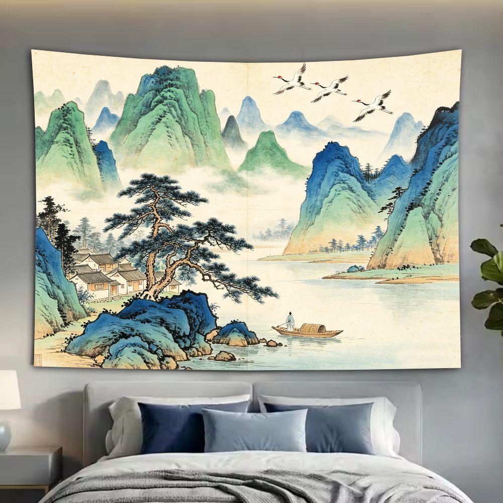 Traditional Chinese Mountain Landscape Wall Tapestry Green Polyester Tapestry Wall Hanging Living Room Decor 100X70CM