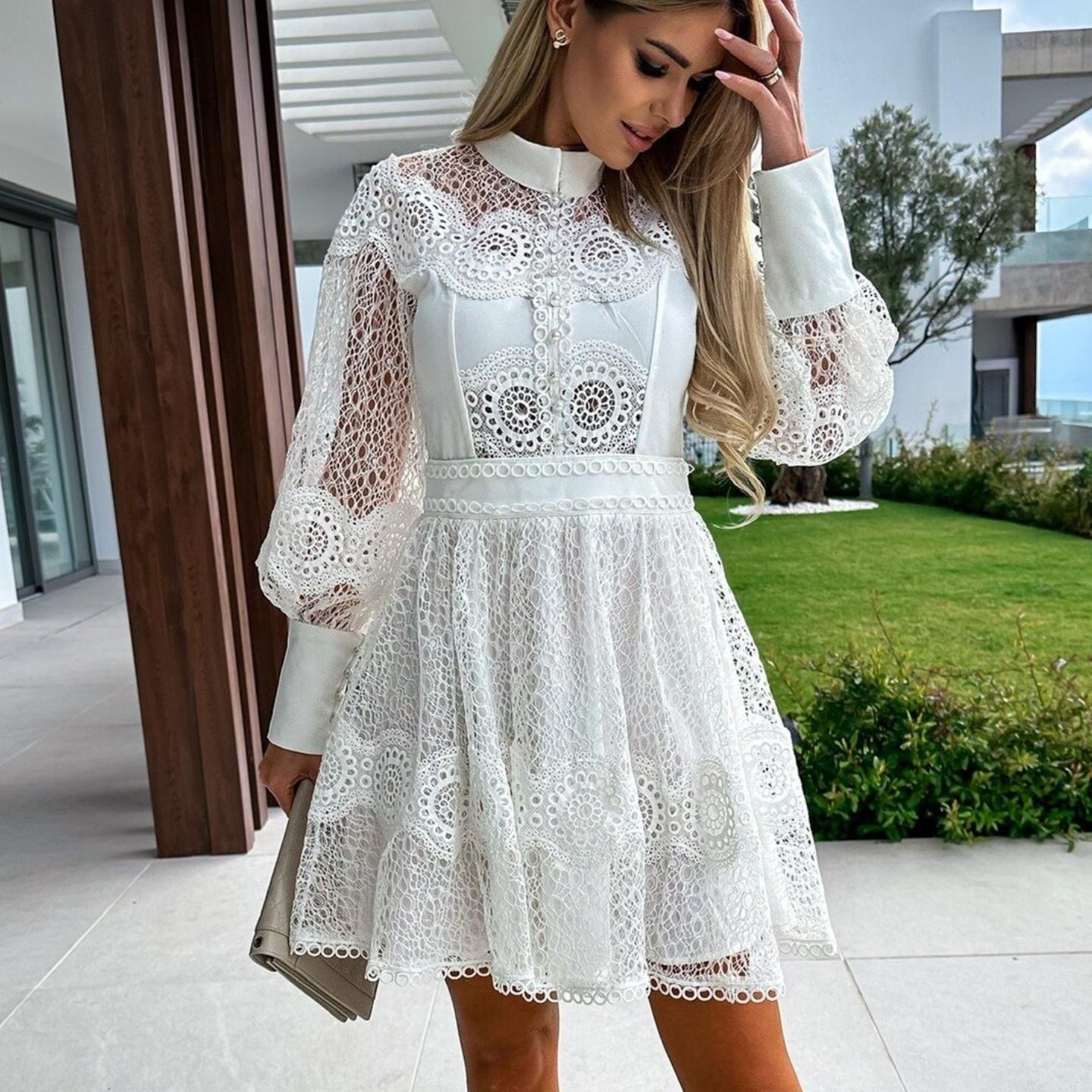 

QICED сексуальное кружевное платье с длинными рукавами в стиле Ins M белый