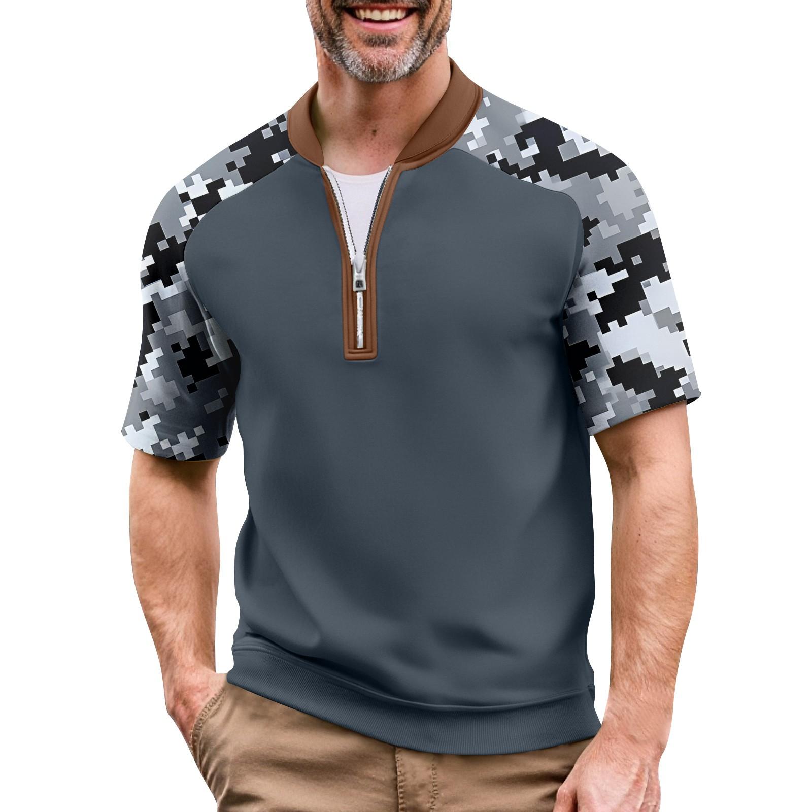 

Мужская летняя футболка камуфляжной расцветки в стиле кэжуал, спортивный дышащий топ с воротником на молнии M серебряный