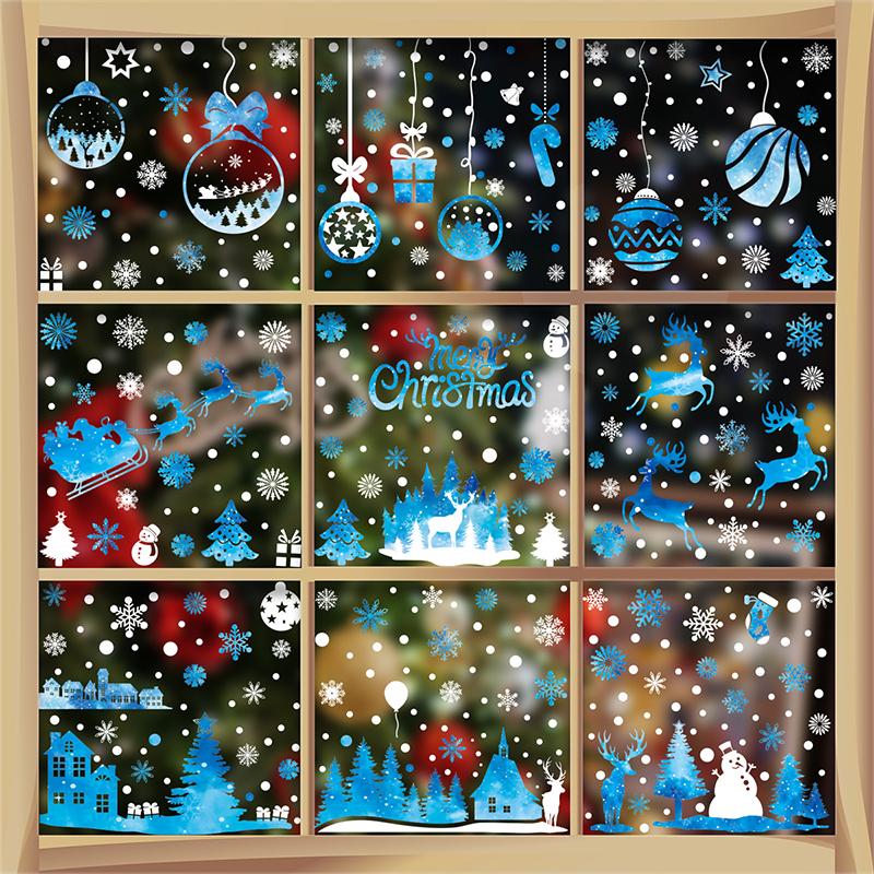 Weihnachtsfensteraufkleber Blauer Elch Statische Aufkleber Schneemann Schneeflocke Wandaufkleber Abziehbilder Frohe Weihnachten Feiertagsparty Aufkleber