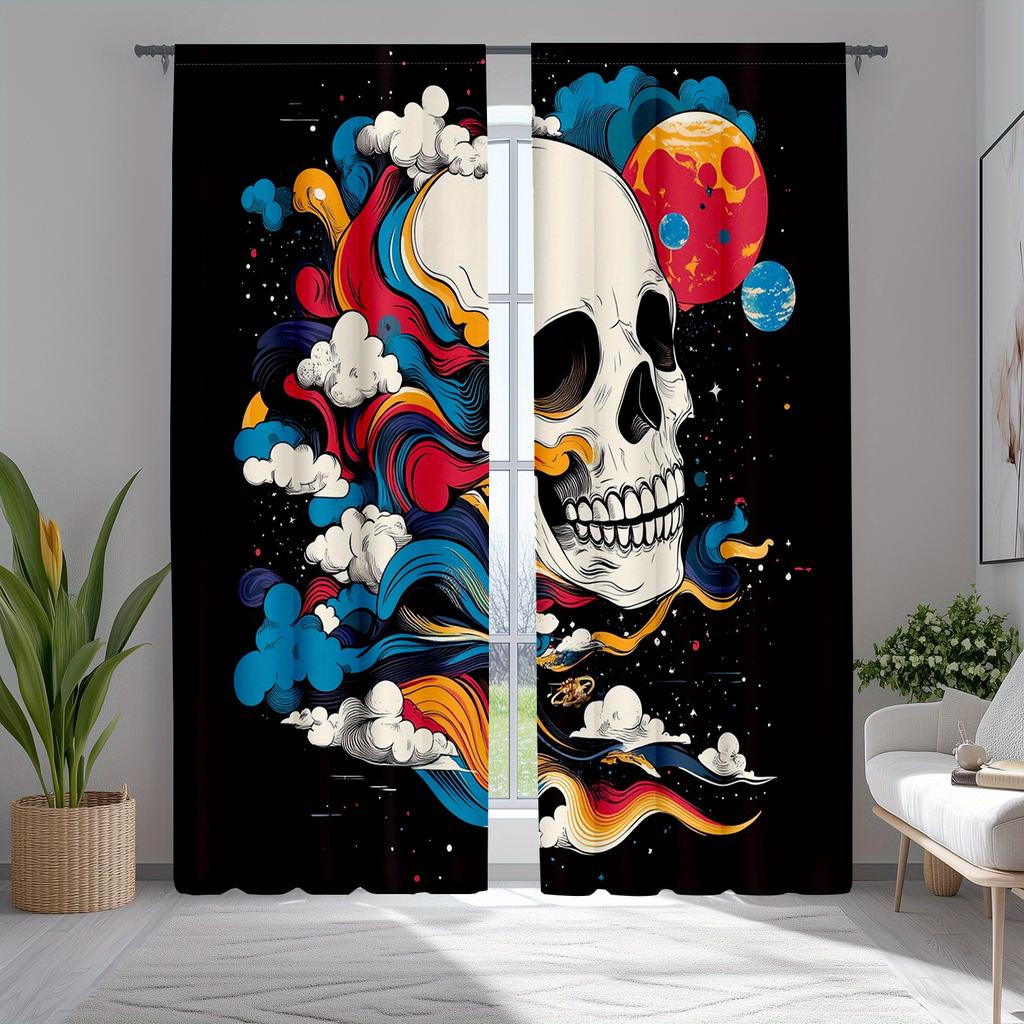 2pcs Classic Skull and Skeleton Polyester Curtains, Black and Red Ribbon Drapes for Living Room and Bedroom Decor