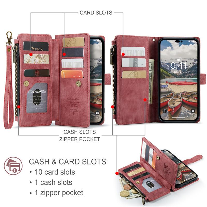 CaseMe Flip Leather Phone Case For iPhone 17 Pro Max 16 Plus 15 14 13 12 11 XS XR X Samsung S26 S25 FE S24 Ultra S23 S22 S21 Zipper Wallet Cards Cover