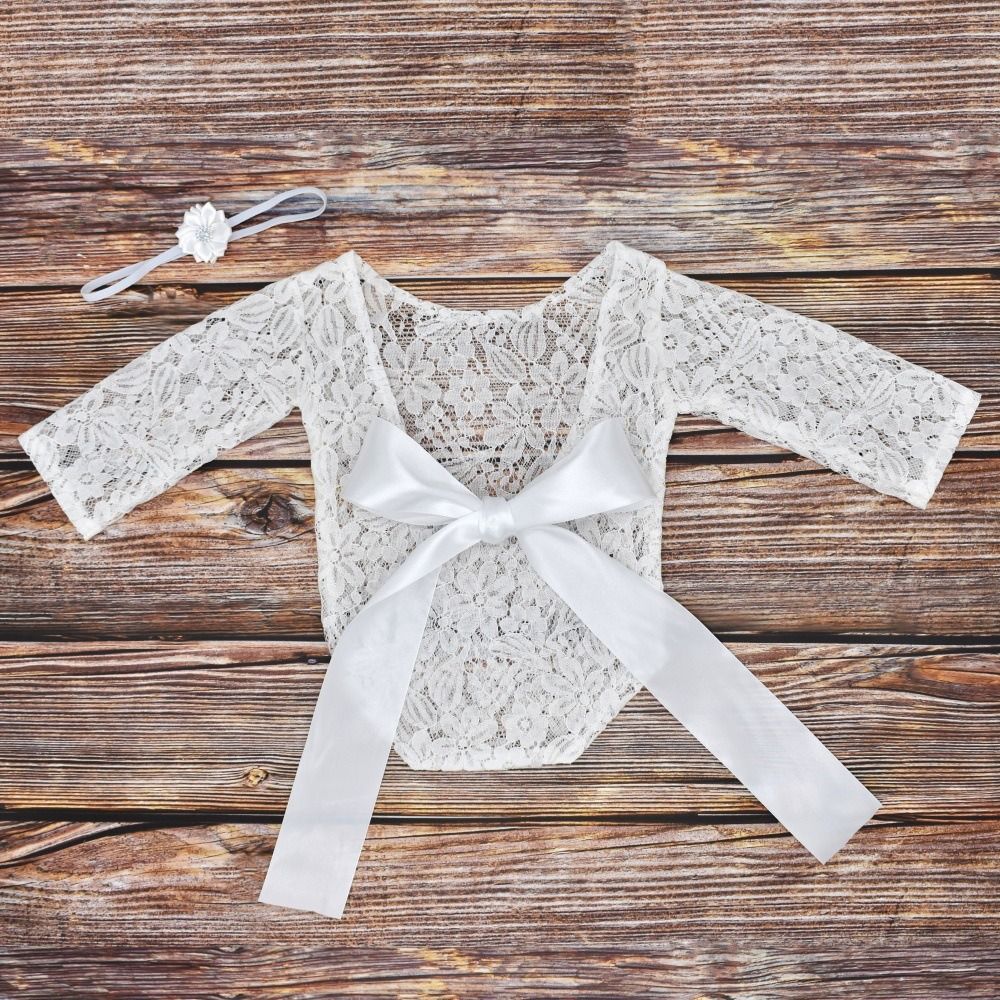 2Pcs/Set Bow Tie Design Newborn Lace Romper Hollow Back Newborn Photography Props Baby Photoshoot