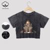 Fashion Black Woman Printed Cotton Washed T-Shirts Street Summer Lace Hem Crop Tops Distressed Regular Fit Tees Casual Clothes