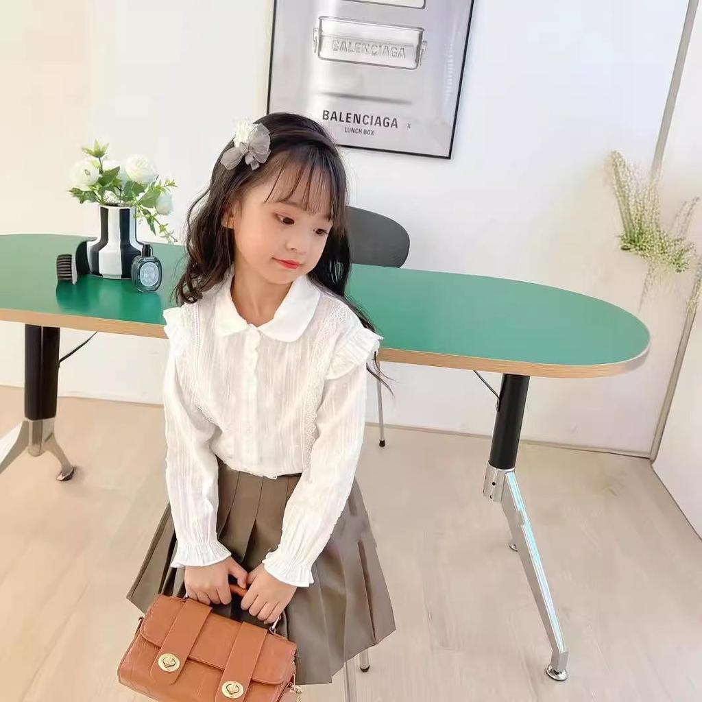 Mädchen Weiße Baumwolle Spitze Langarm Bluse – Frühling/Herbst Schuluniform