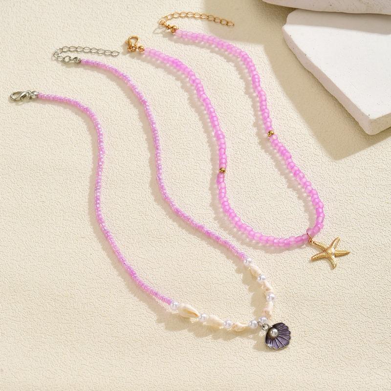 Sweater Accessories Necklace, Wind Shell Alloy Necklace Purple Rice Bead Layered Necklace