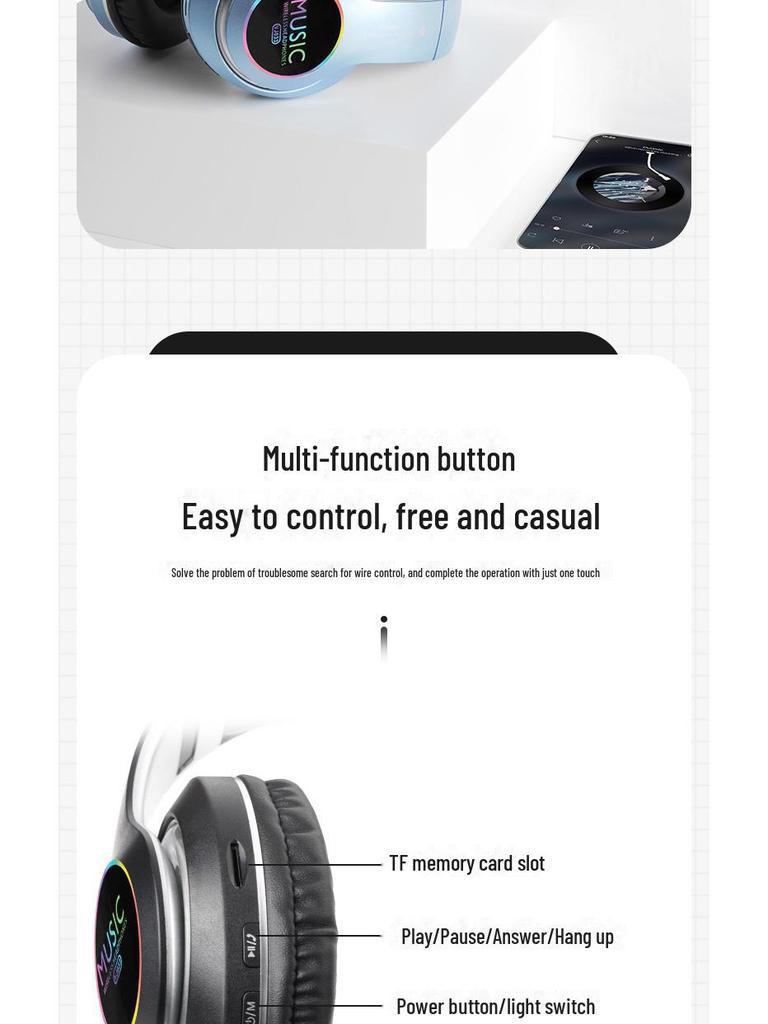 VJ033 LED Wireless Bluetooth 5.0 Sports Headphones - New Head-Mounted Model