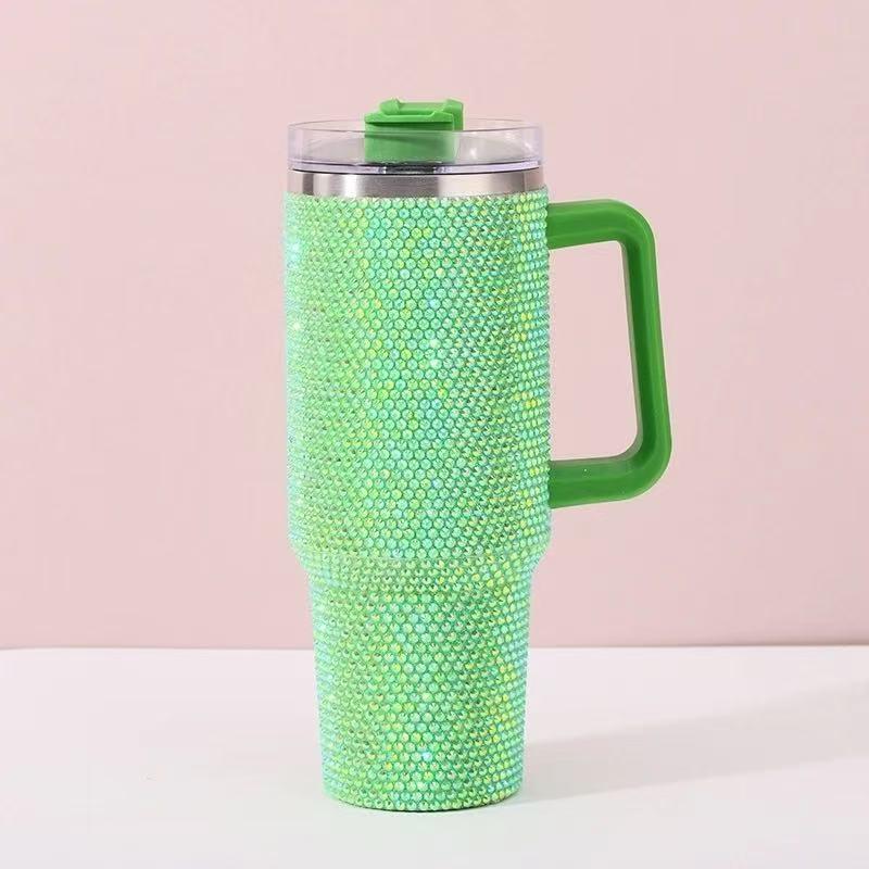 Rhinestone 40oz Stainless Steel Car Thermos with Straw and Handle