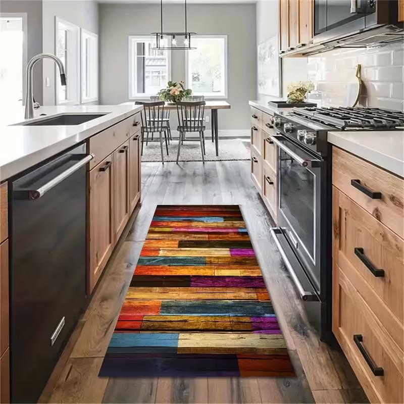 Lebhafter Patchwork-Läuferteppich mit Würfelmuster, Regenbogen-Farbblockmuster in gesättigten Tönen, Verspielte Bodenmatte für modernen Flur