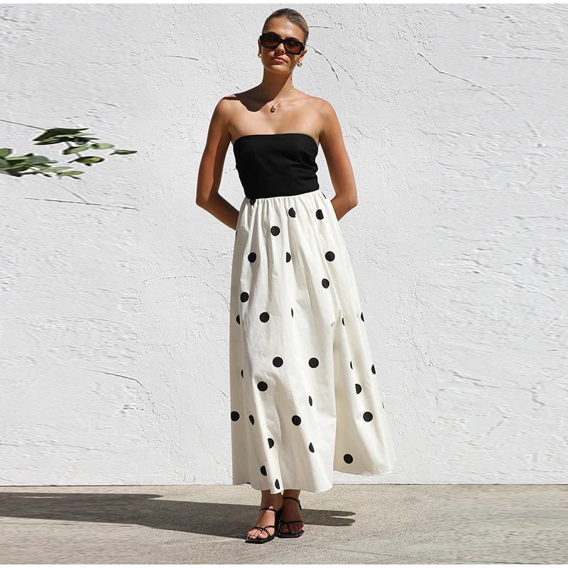 Seksi Yama İşi Puantiyeli Kadın Uzun Elbise Omuz Düşük Büzgülü Bel Kolsuz Uzun Elbiseler Bayan 2025 Yaz Plaj Elbisesi