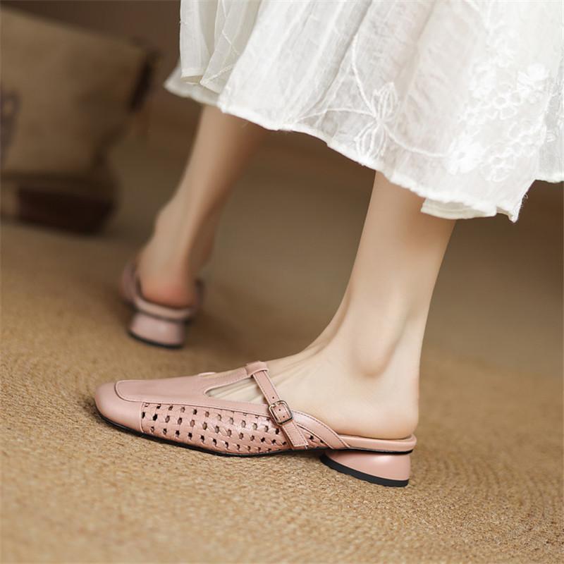 Fashion New Summer Slippers Genuine Leather Slippers for Women Fashion Hollow Out Mules Square Toe Low Heels Cover Toe Slippers Sandals