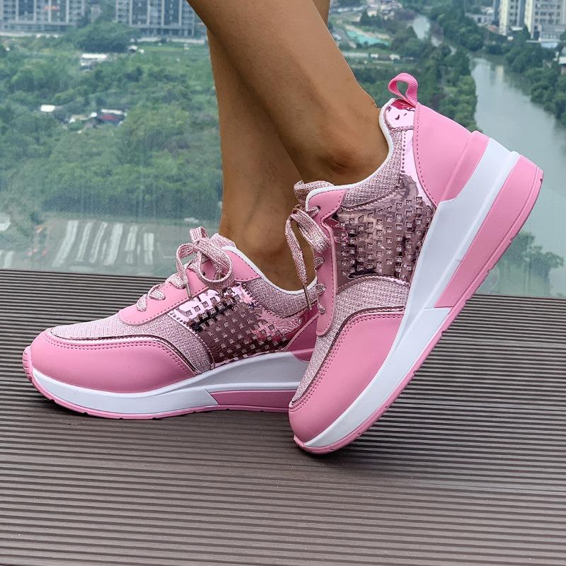 

Женские кроссовки на платформе с танкеткой большого размера, дышащие, с пайетками, с круглым носком, на шнуровке, новые повседневные кроссовки весна-осень 43 розовый