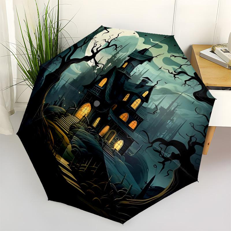1pc Haunted House Moonlit Night Automatic Folding Umbrella, Lightweight Retractable Compact Travel Umbrella, 8-Rib Sturdy Frame103