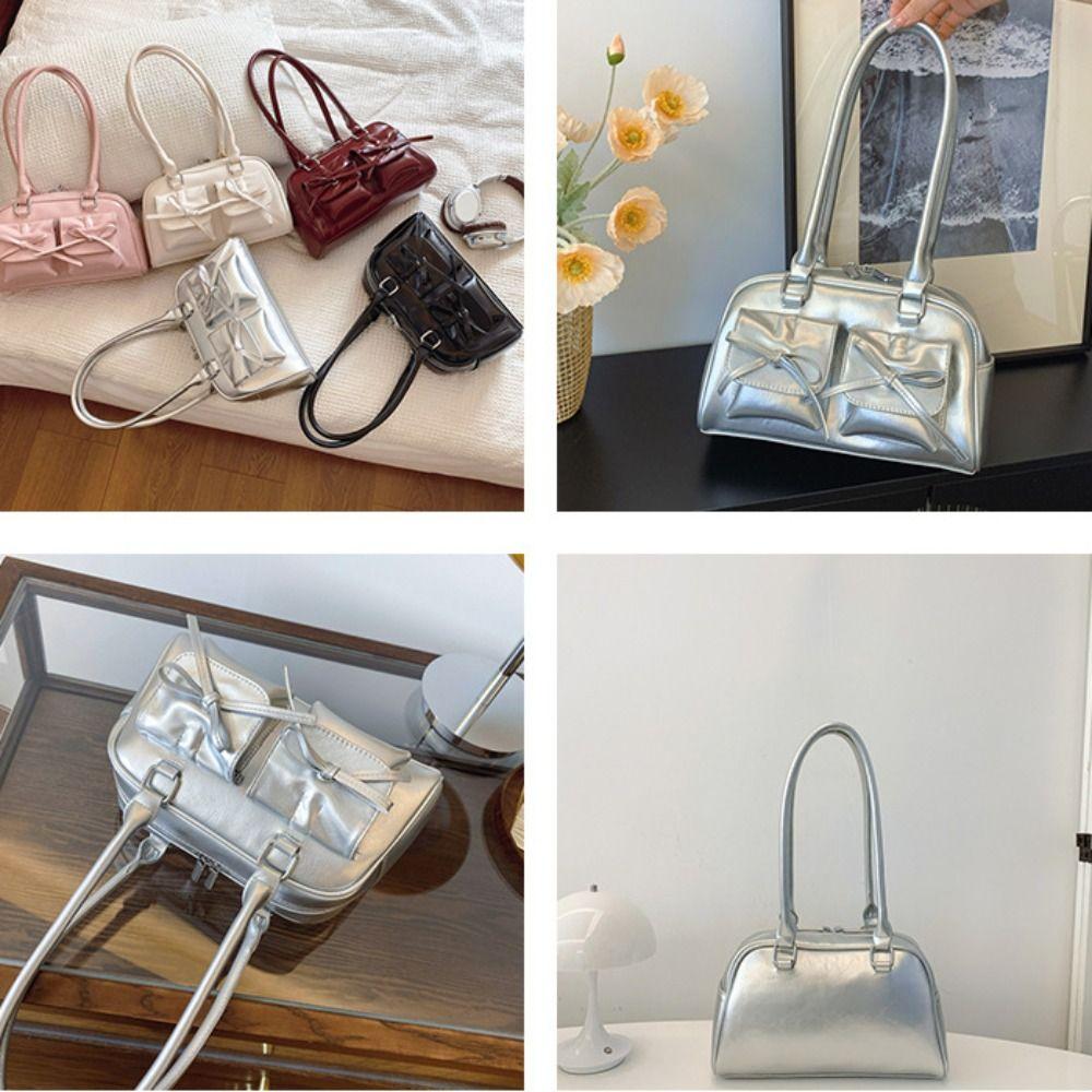 French Style Bow Tie Bowling Bag Elegant Women Handbags Vintage Boston Shoulder Bag  Armpit Bag