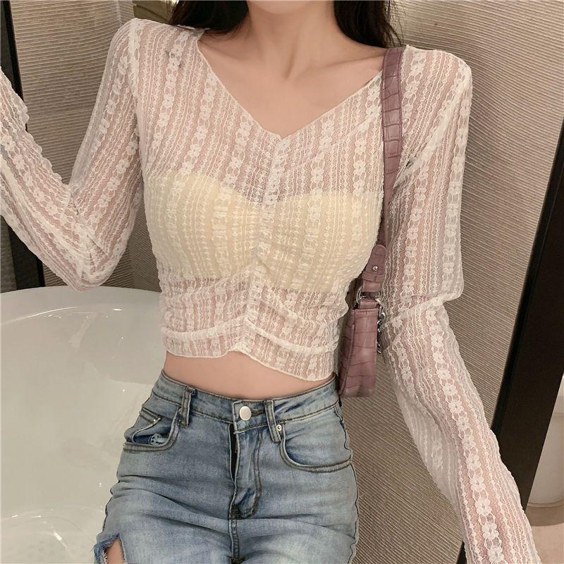 White Hollow-Out Lace Long-Sleeve Crop Top for Women, Summer Sheer Lace Belly-Showing Sun-Protective Shirt