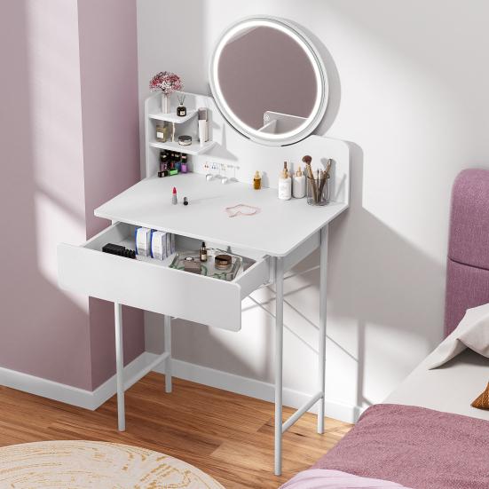 Makeup Vanity Desk with LED Lighted Mirror, Vanity Table with 1 Drawer and 2 Opening Shelves, Bedroom Dressing Table, 3 Modes Brightness Adjustable