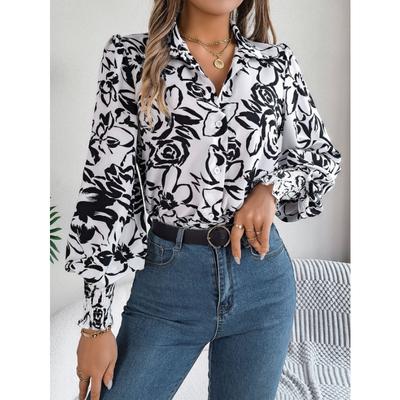Camisa feminina elegante de outono/inverno com manga lanterna e lapela