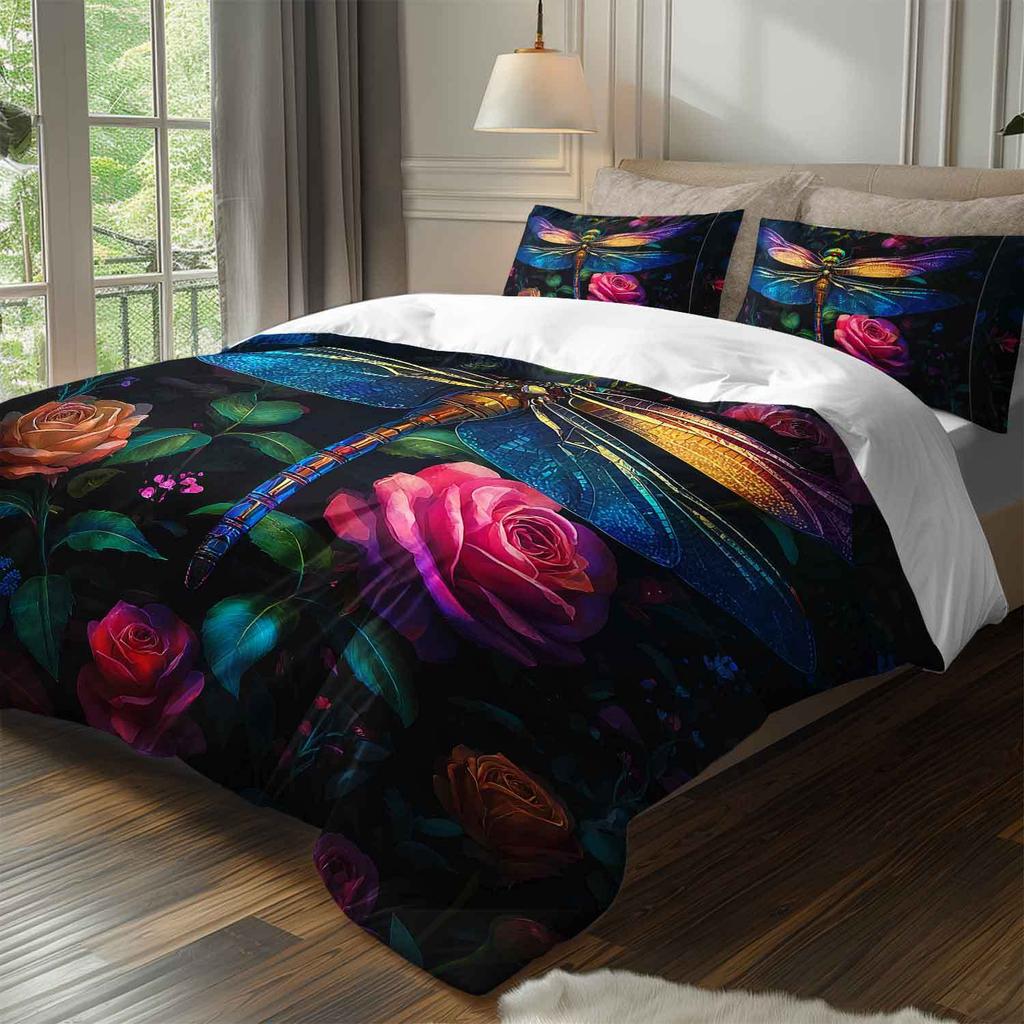 3Pcs Colorful Dragonfly And Rose Floral Bedding Duvet Cover Set, Featuring A Dragonfly Rose Garden Design. This Floral-Themed