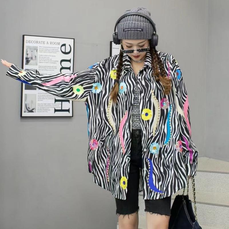 Thailand Tide Brand Autumn New Heavy Industry Bead Printing Long-sleeved Shirt Women's Medium and Long Loose Shirt Cross-border