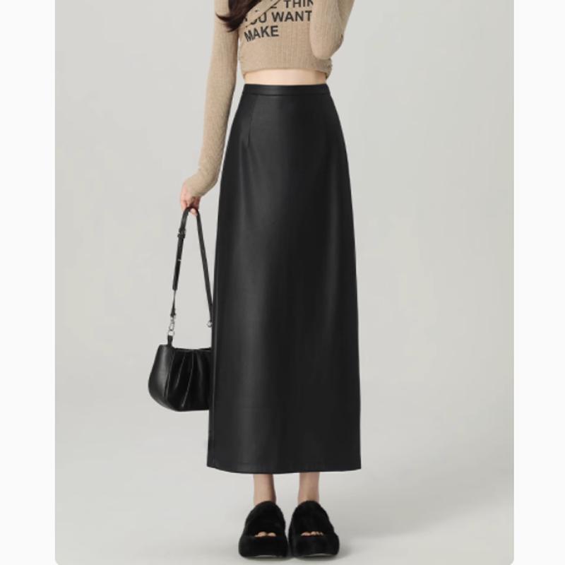 Schwarzer Damen Midirock mit hoher Taille aus PU-Leder - Figurbetonend A-Linie Bodycon mit Schlitz