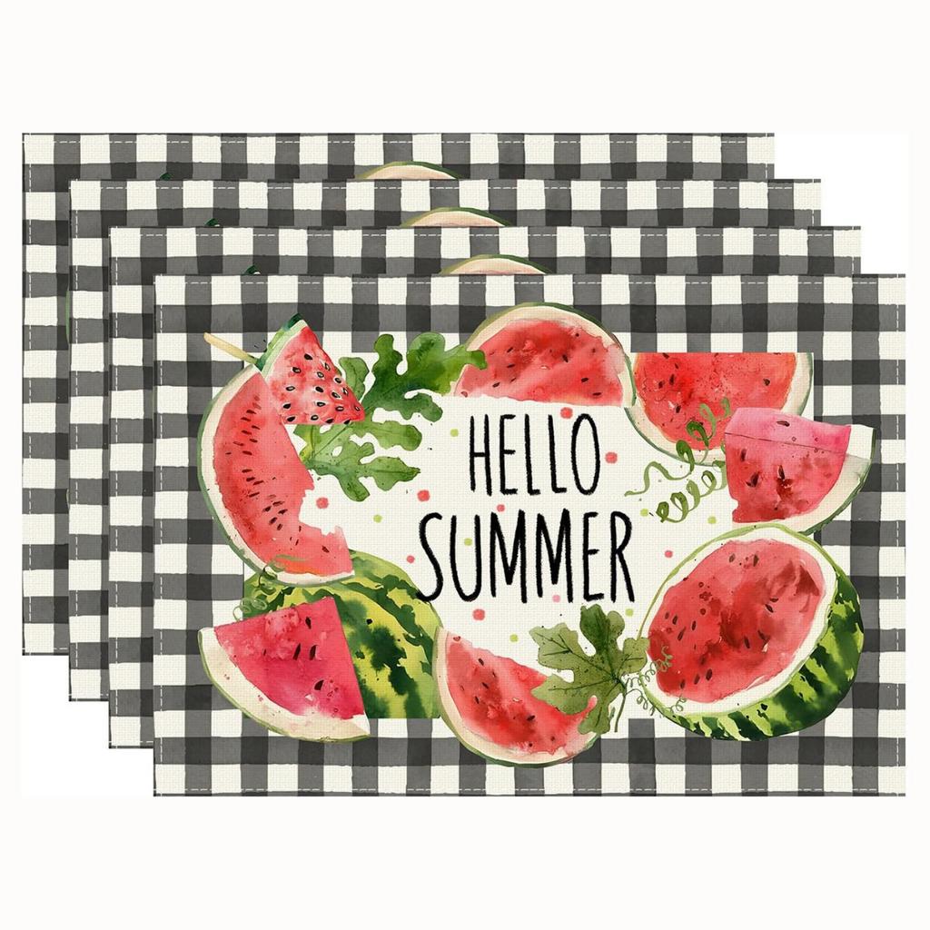 4-Piece Summer Lemon Print Linen Placemat and Napkin Set, Heat and Stain for Kitchen Dining, 430cm