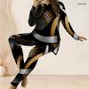 Women Plus Size Printed Two Piece Set Round Neck Long Sleeve Longline Top Fitted Long Pants Black Gold Silver