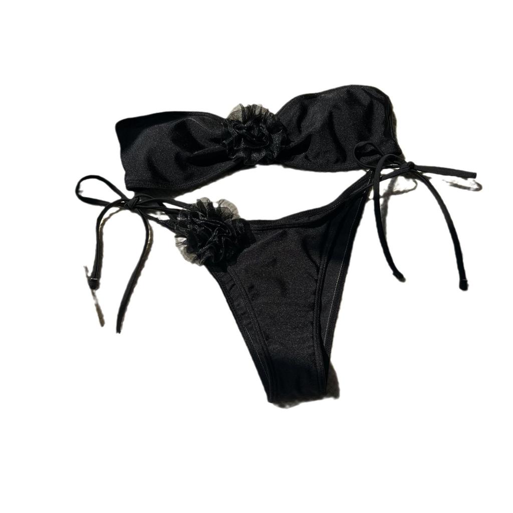 1011 New European and American Solid Color Glossy Floral Strapless Split Swimsuit Bikini Bikini