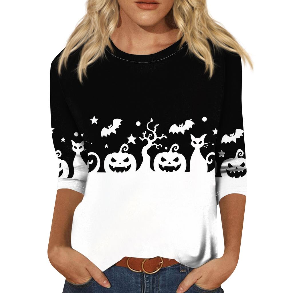 Womens Casual Halloween Print Crewneck Three Quarter Sleeve T Shirt Top Loose Fit Soft Material Comfortable Style