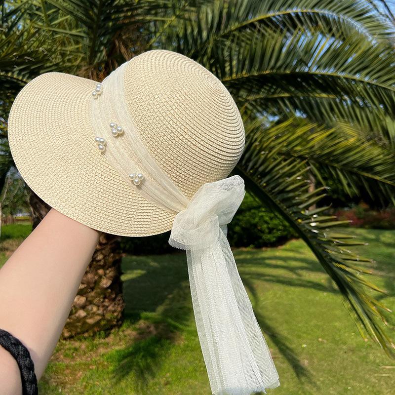 Versatile Hat Style Straw Woven Sweet Bow Pearlwomens Sunshade Hatscaps