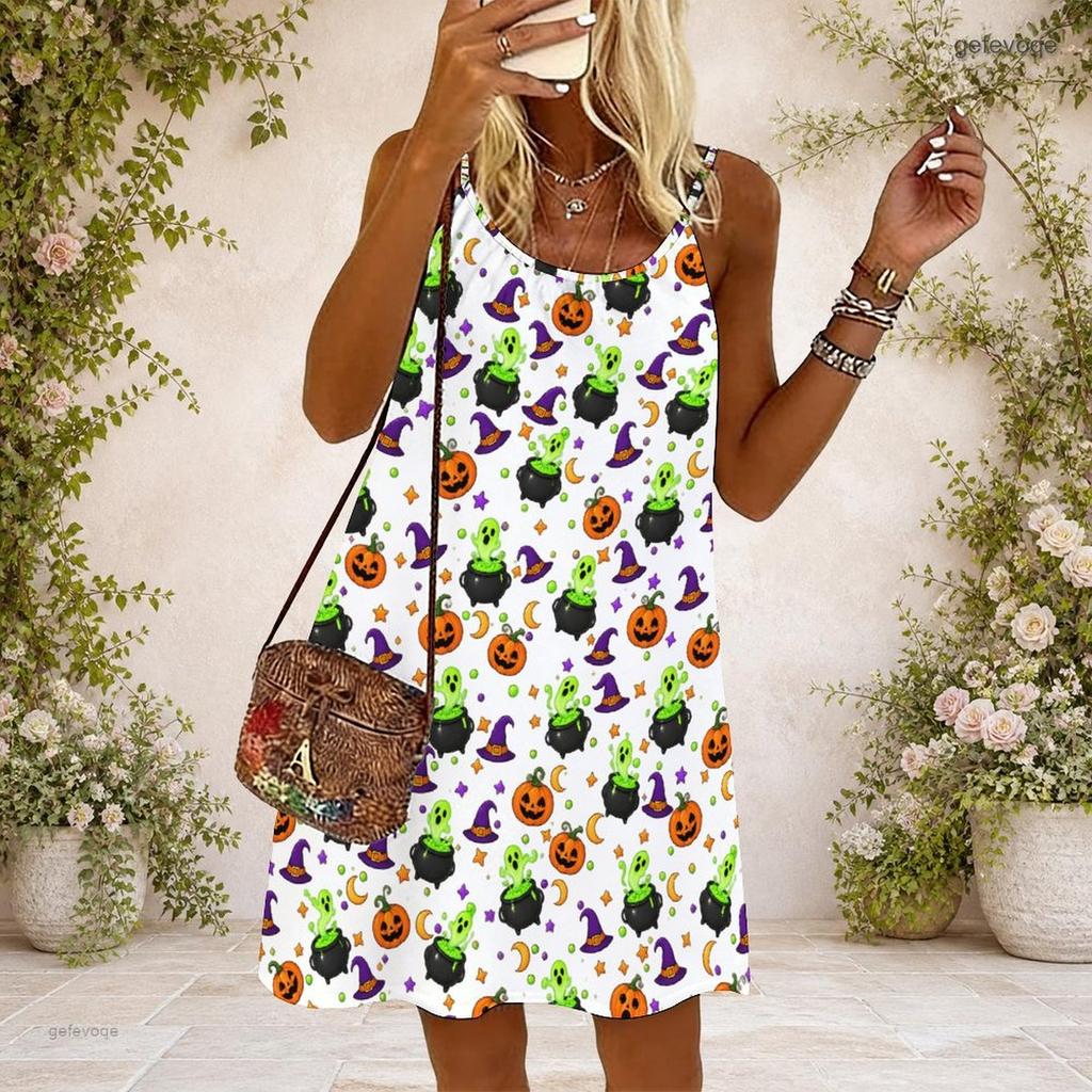 Women Plus Size Scoop Neck Thin Straps Sleeveless Loose Fit Halloween Pumpkin Printed White Dress