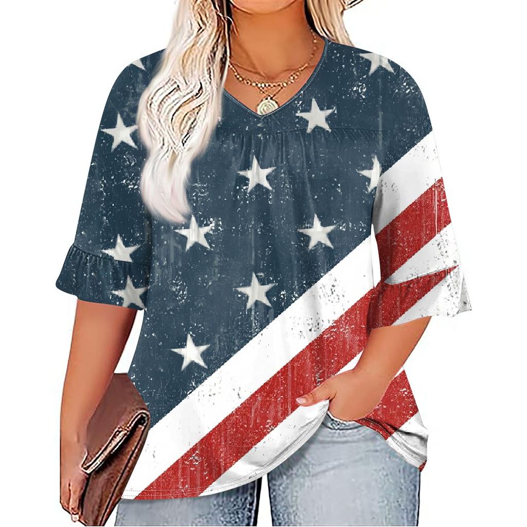 Women's Fashion Casual Independence Day Printed V-Neck Seven Sleeve Ruffle Sleeve T-Shirt Top