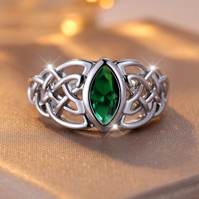 Vintage Silber Farbe Keltischer Knoten Marquise Cut Grün Zirkonia Ringe für Frauen Männer Modeschmuck