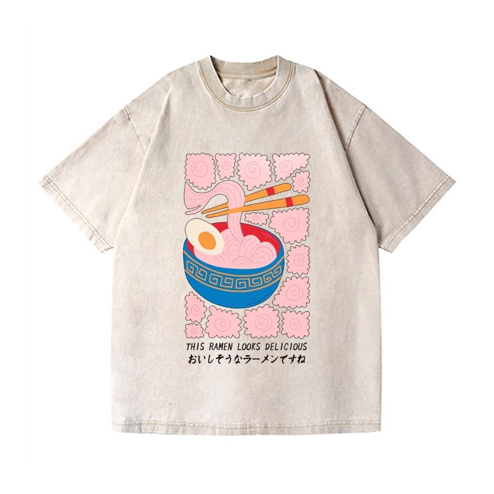 Vintage Cotton Washed T-Shirt Fashion Ramen Printed Summer Dropped Shoulder Harajuku Sports Tees Oversized Crew Neck Tunics