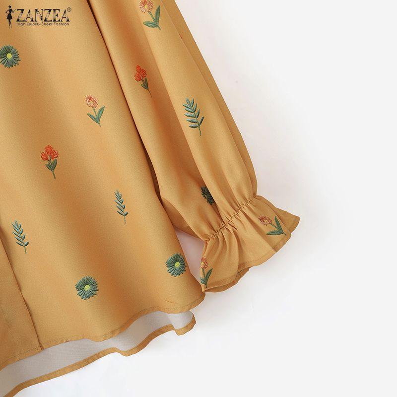 ZANZEA Damen Lässig Puppenkragen Locker Langarm Geblümte Bluse