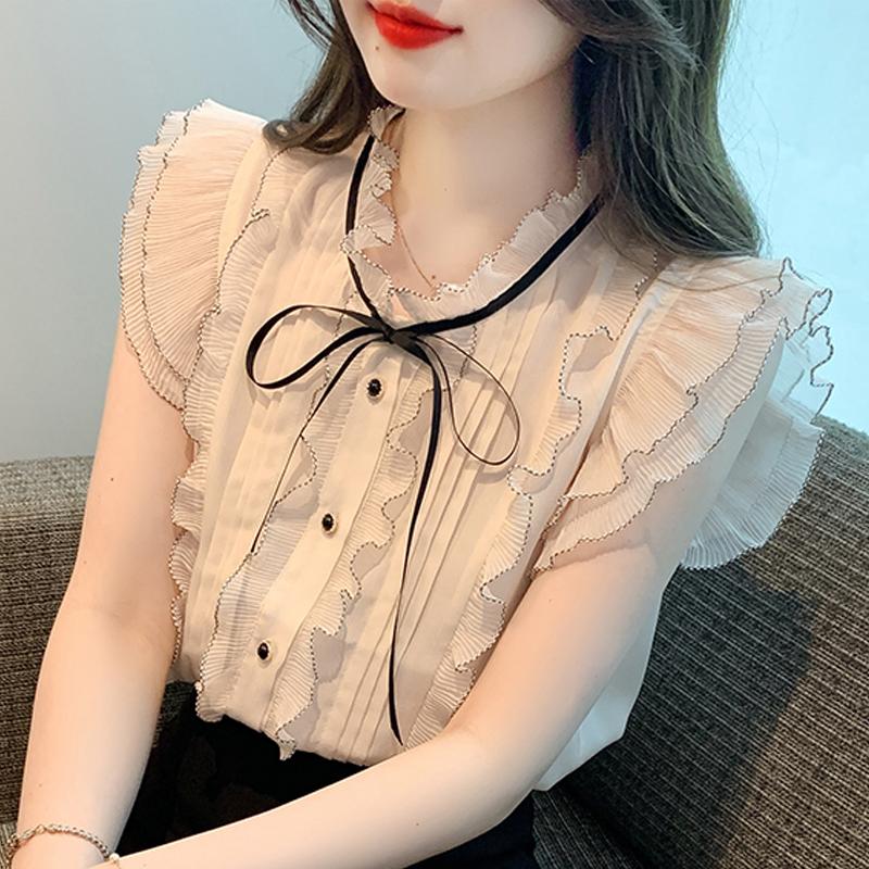 

Новая модная летняя шифоновая блузка с коротким рукавом и оборками на шнуровке с воротником-стойкой, женские топы J390 S абрикосовый