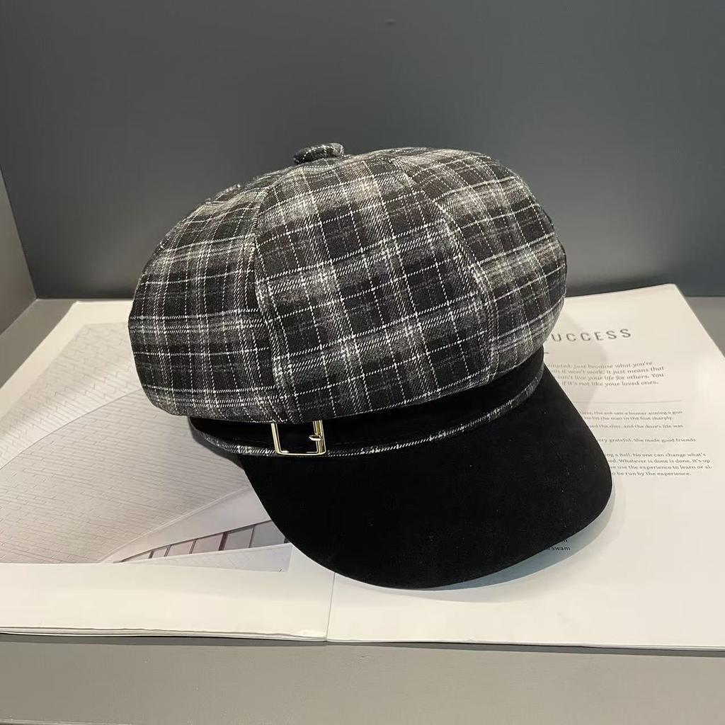 Korea's New Autumn and Winter Woolen Octagonal Hat for Women Plaid Large Head Circumference   Face Showing  Small Suede Painter's Hat