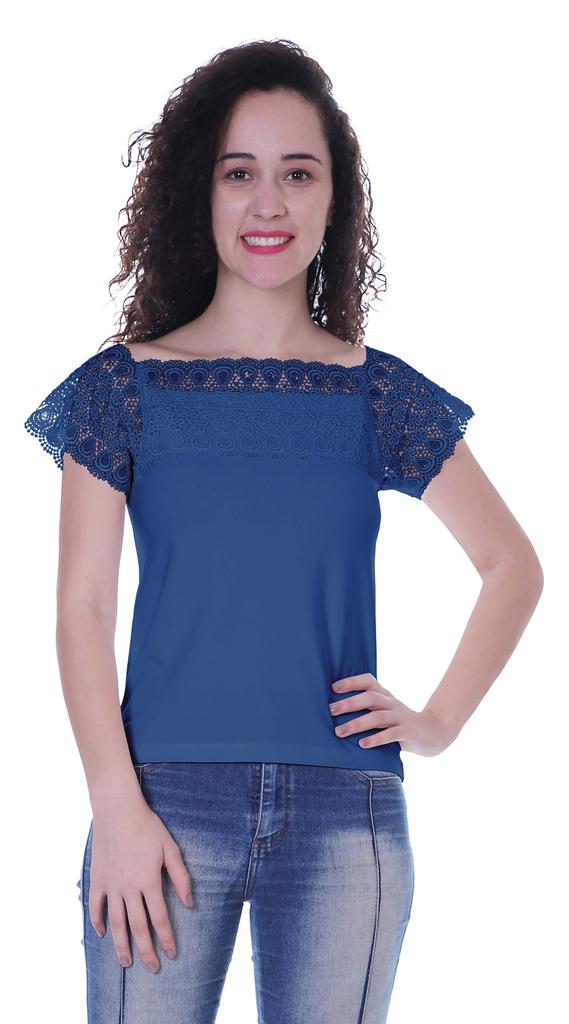 Moomaya Lace Sleeve Tops For Women Plain Boat Neck Tee Shirt