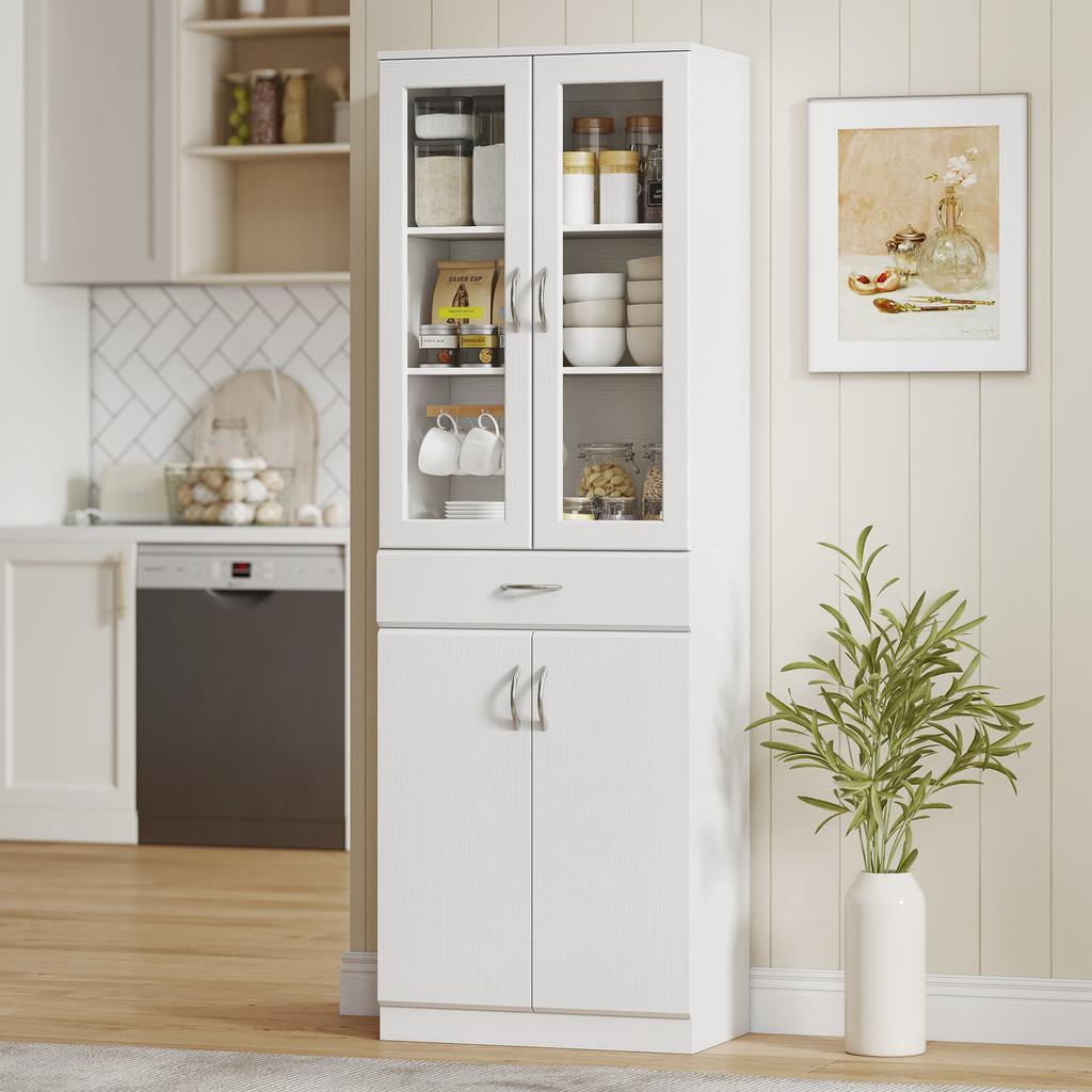 Mobile da Cucina Credenza con Ripiano Regolabile Cassetto 2 Ante Armadio Alto con Porta in Vetro 60 x 35 x 180 cm Bianco
