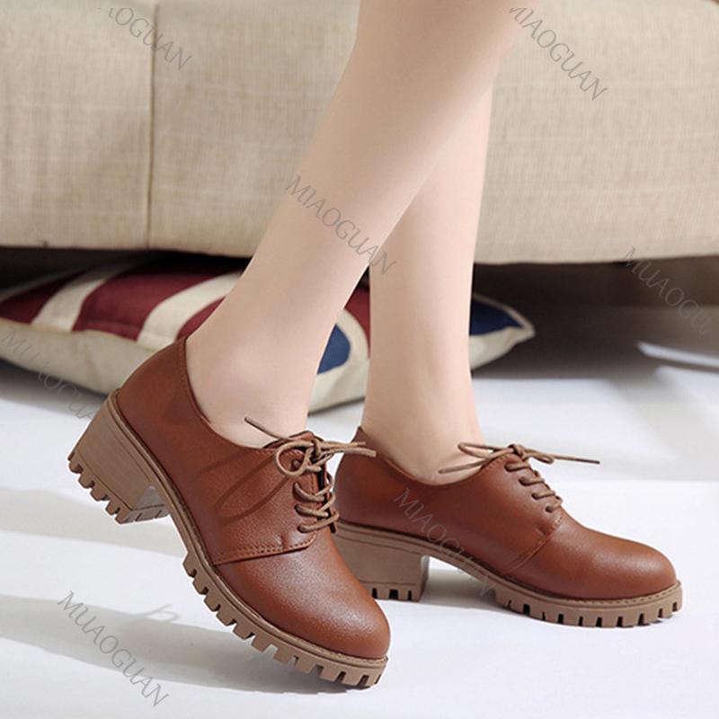 Fashion Spring Auutmn Women Pumps Thick Bottom Casual Shoes Solid Color Lace Up Heels for Women Pu Leather Chunky Middle Heeled Shoes