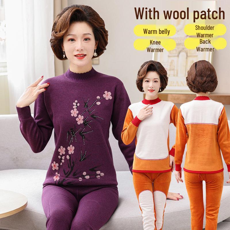Women's Plus Size Fleece-Lined Warm Underwear Set for Middle-Aged and Elderly