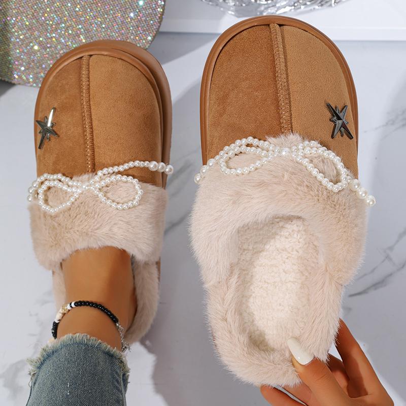 Fashion Fashion Perals Bowknot Fluffy Slippers Women 2025 Warm Faux Fur Platform Slides Woman Outdoor Comfort Non Slip Cotton Slippers