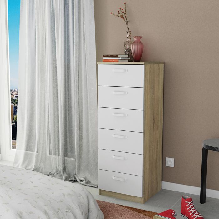Commode Chambre, Chiffonnier Meuble de Rangement avec 6 Tiroirs, 110x40x40 cm Briebe Prakt Blanc 05084