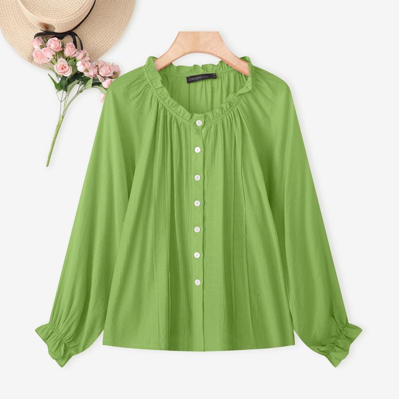ZANZEA Women Casual Round Neck Loose Long Sleeve Blouse