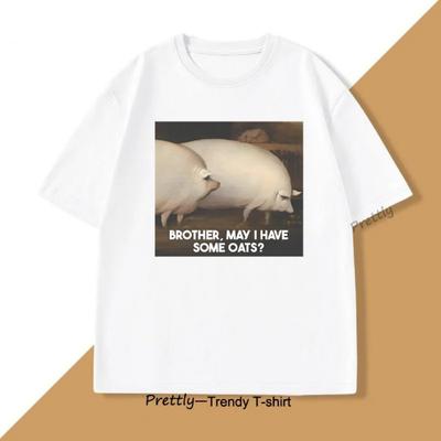 Brat, czy mogę prosić trochę owsa Koszulka Świnia Mem Koszulka Śmieszna Koszulka ze Zwierzęciem Luźna Koszulka Modna Koszulka z Okrągłym Dekoltem Streetwear
