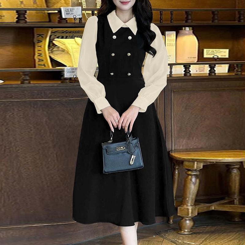 

ZANZEA Жіноча повсякденна сукня з відкладним коміром, довгим рукавом та печворком S чорний