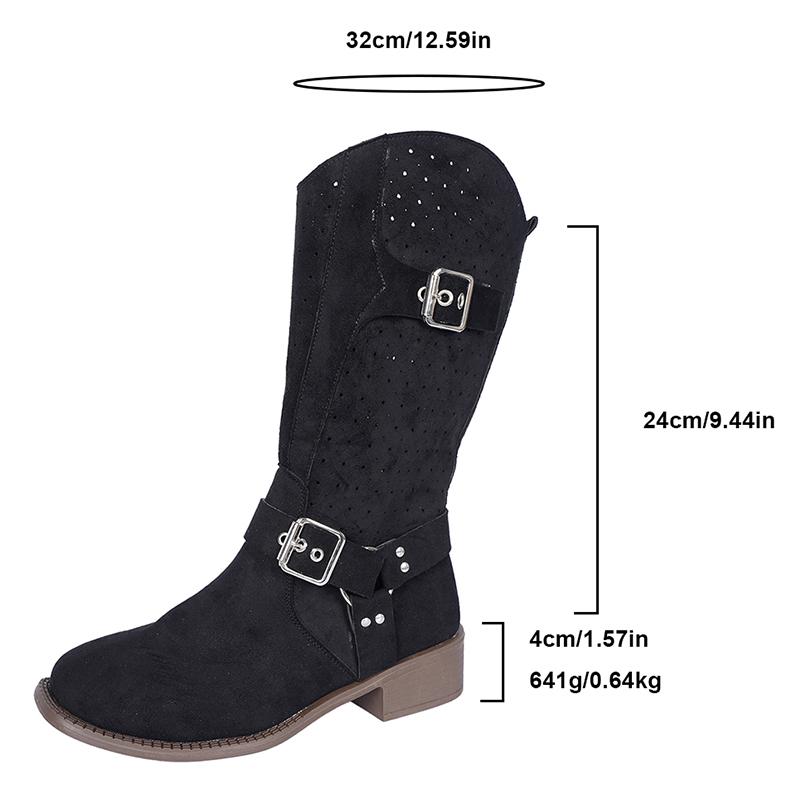 Fashion Western Retro Buckle Cowboy Boots for Women Faux Suede Hollow Out Riding Boots Woman Spring Autumn Square Heels Mid Calf Botas