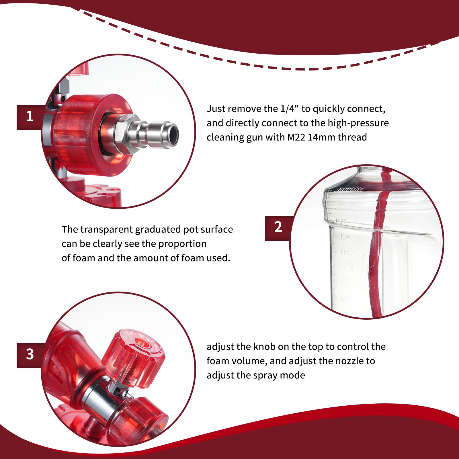 

Автомобильный распылитель пены Пенная пушка 1500 мл Регулируемый дозатор пены со съемным 14-дюймовым разъемом M22