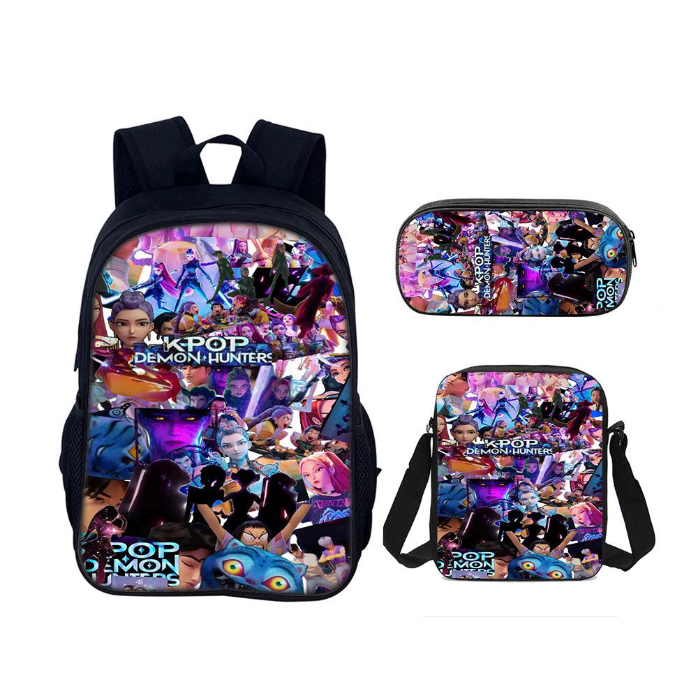 Kpopdemonhunters Student School Bag Satchel Pencil Case Three-Piece Set Witch Hunters Backpack Set 17inch school bag + shoulder bag + pencil case