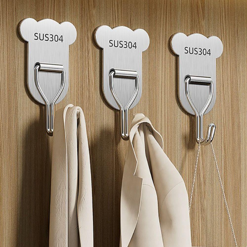 5/8PCS Bear Shape Stainless Steel Self-adhesive Hook No Punching Strong Load-bearing Sticky Hook Bathroom Kitchen Door Hook